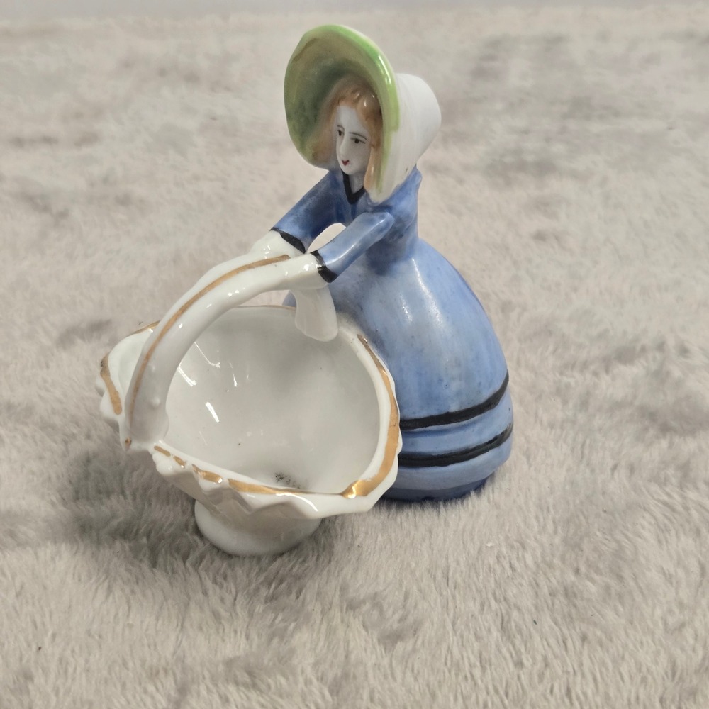Vintage Made in Japan Porcelain Figurine Woman with Basket Blue Dress Gold Trim